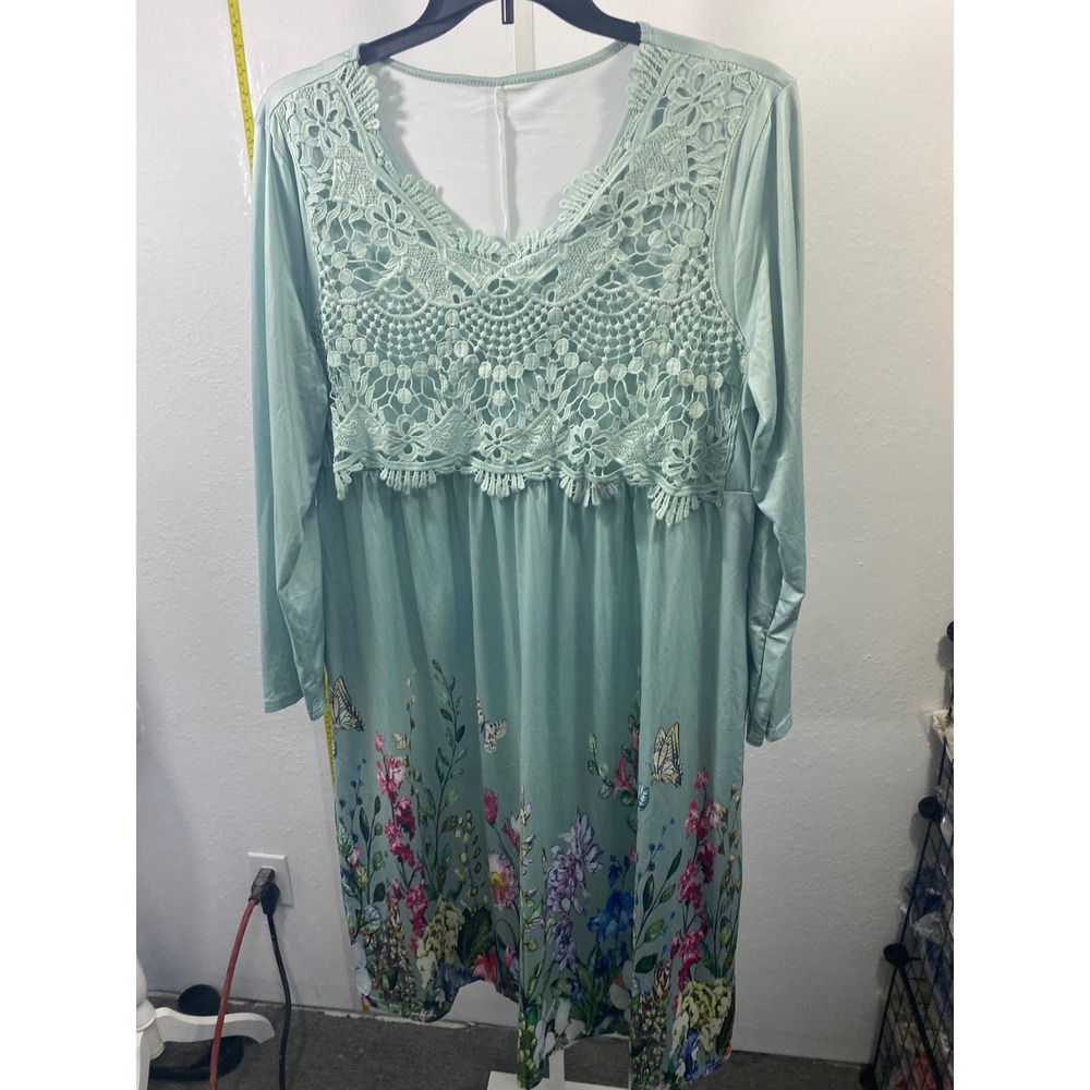 Mint Green Crochet Lace Floral Butterfly Print Long Sleeve Tunic Dress Boho L